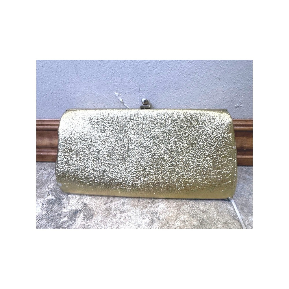 Gold Metallic Clutch Pearl Clasp‎ Evening Bag Vintage READ